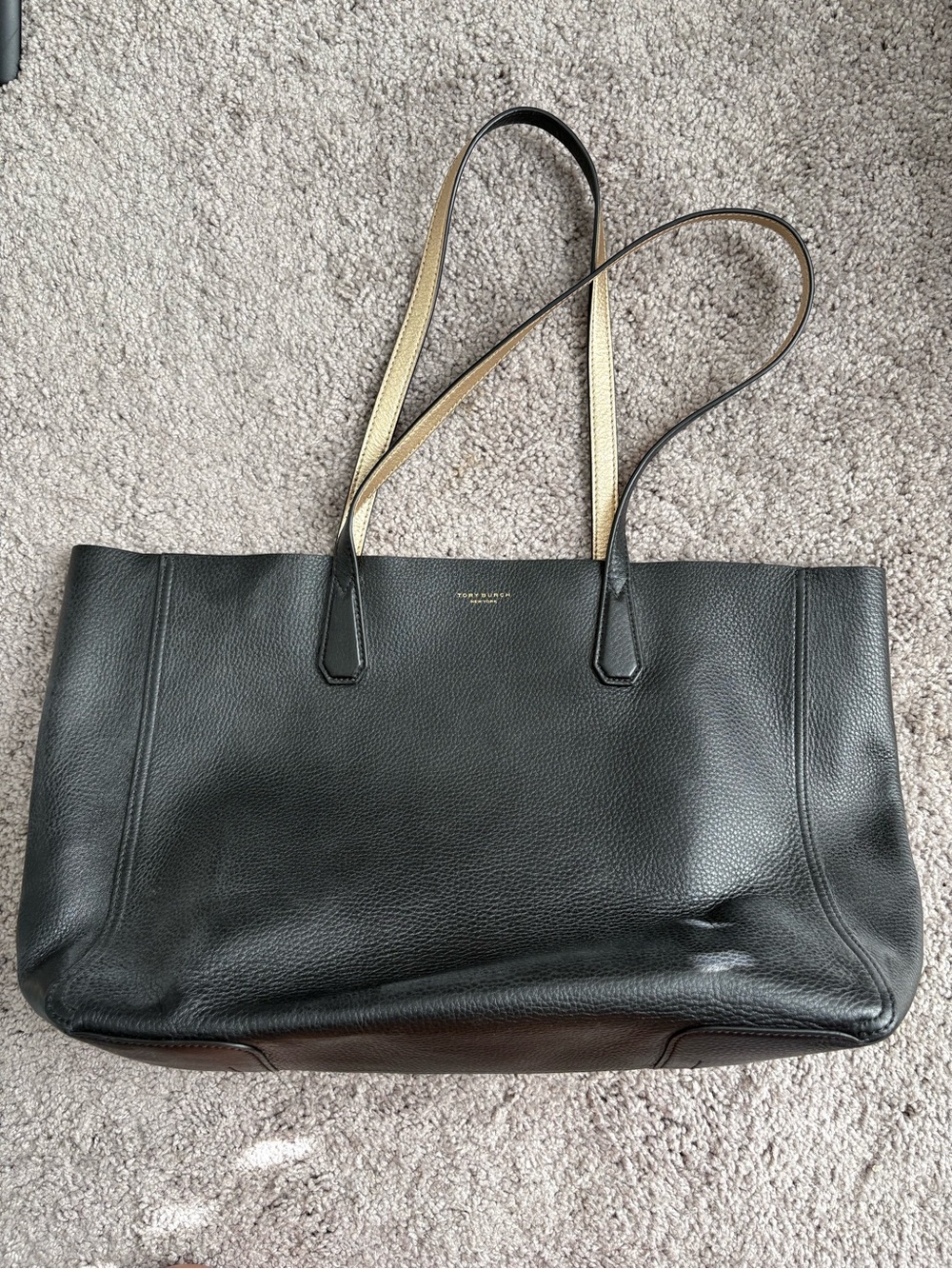 Tory Burch Black Leather Tote with Gold-Trim Straps
